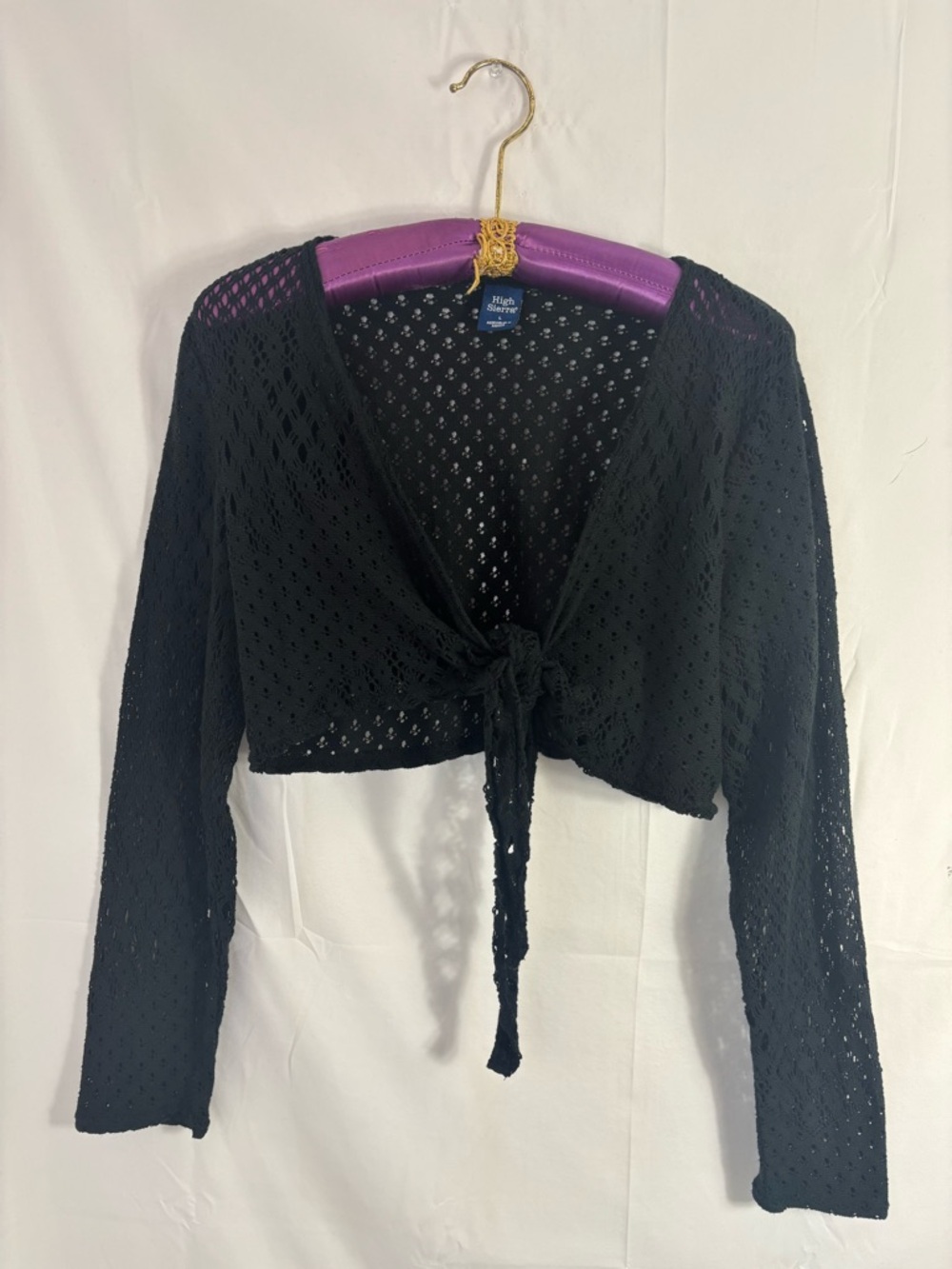 Black Open Knit Long Sleeve Tie Front Festival Boho Whimsigoth Crop Top Size L